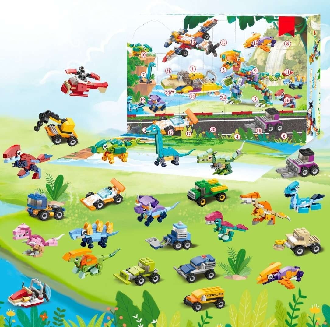 Adventskalender med Byggbara Leksaker – Bilar, Dinosaurier & Arbetsfordon