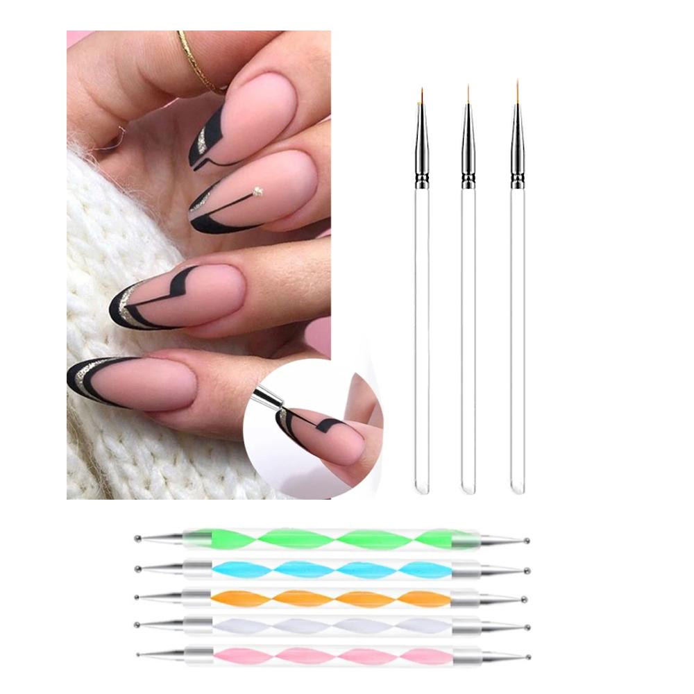 Perfekt Nagelkonstset - 3 Nail Art Penslar &amp; 5 Dotting Tools